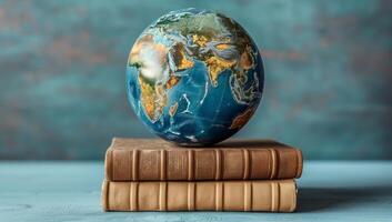 AI generated Earth globe resting on stack of old books, world knowledge and education concept. Geographical planet sphere on vintage hardcover textbooks against blue background. photo