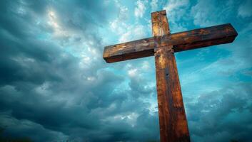 AI generated Wooden cross on a background of blue sky with white clouds. photo