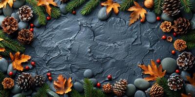 AI generated Frame of autumn leaves, pine cones and berries on stone background. photo