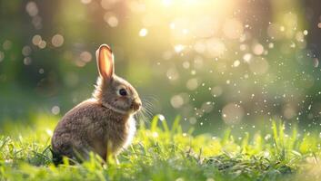 AI generated Adorable bunny rabbit in grassy meadow with bokeh lights. Cute Easter animal in spring nature scene with sunlight flare. photo