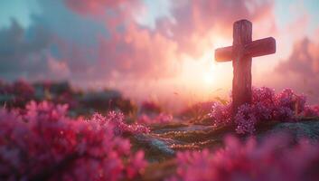 AI generated Wooden Cross at Sunset with Pink Flowers photo