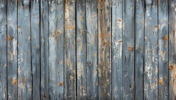 AI generated Rustic weathered wooden fence texture background. Aged blue gray wood planks with peeling paint and nail holes. photo