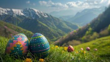 AI generated Colorful Easter eggs nestled in alpine meadow with majestic mountain landscape. Springtime celebration and holiday traditions amidst breathtaking natural scenery photo