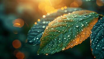 AI generated Rain drops on the leaves of a rose in the rays of the setting sun. photo