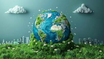 AI generated Healthy planet Earth with green grass, cityscape silhouette, clouds and flying seeds. Environmental protection and sustainability concept. photo