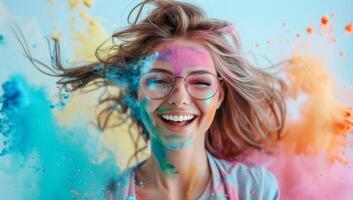 AI generated Young woman covered in colorful powder photo