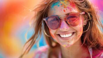 AI generated Portrait of a young woman covered in colorful powder celebrating Holi festival photo