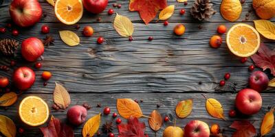 AI generated Autumn background with apples, oranges and leaves on rustic wooden background photo