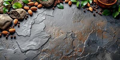 AI generated Cocoa beans, nuts and green leaves on dark stone background photo