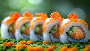 ai generado Sushi rollos con salmón y caviar en verde antecedentes. japonés comida foto