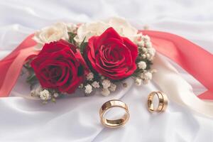 ai generado eterno amor Boda anillos en blanco y rojo rosas fondo foto