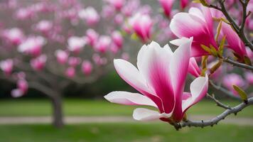 AI generated Subject Blurred nature background with magnolia spring blooming garden photo