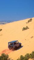 AI generated Tourist escapade Yellow sand dunes with a Jeep car Vertical Mobile Wallpaper photo