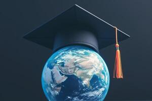 AI generated Back to School vibes Graduation cap with Earth globe concept photo