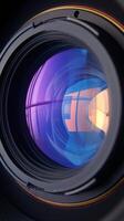 AI generated Colorful reflection Close up of a camera lens with vibrant hues Vertical Mobile Wallpaper photo