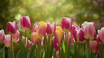 AI generated Bright spring tulips create floral background with captivating bokeh photo