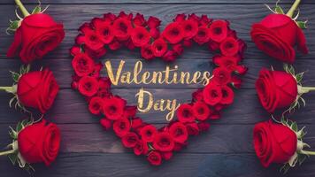 AI generated Valentines Day holiday red roses flower border over wood background photo