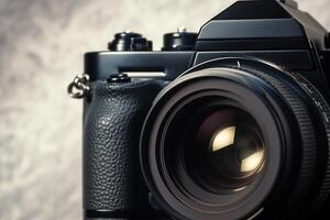 AI generated view Photography essentials Close up of an SLR camera with lens photo