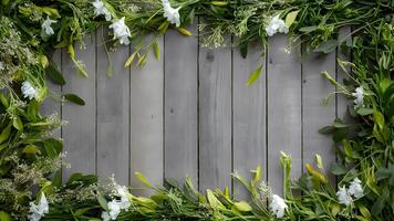 AI generated Wooden fence background adorned with fresh spring greens, white flowers photo