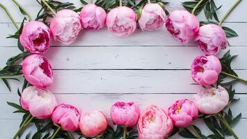 AI generated Frame Stunning pink peonies arranged on white rustic wooden background photo