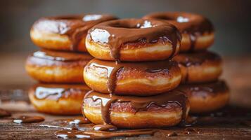 AI generated Stack of Glazed Donuts on Wooden Table photo