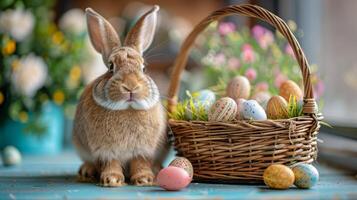 AI generated Rabbit Sitting Next to Basket of Eggs photo