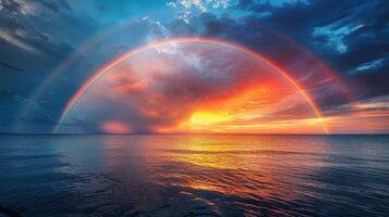 ai generado arco iris terminado agua en medio de nublado cielo foto