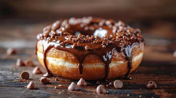 AI generated Chocolate Covered Doughnut on Wooden Board photo