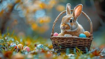 AI generated Rabbit Sitting Next to Basket of Eggs photo