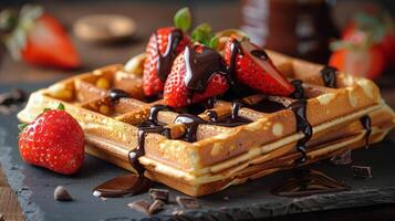 AI generated Delicious Waffle With Chocolate and Strawberries photo