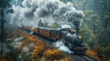 ai generado tren paso mediante denso bosque foto