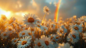 AI generated Field of Daisies With Rainbow in Background photo