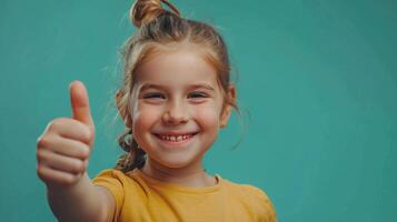 ai generado un foto demostración un alegre joven niña dando un Pulgares hacia arriba gesto con un brillante sonrisa