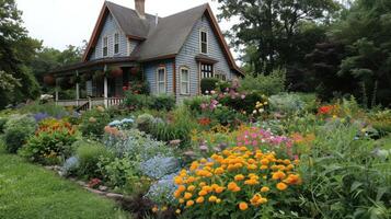 AI generated A well-kept house and garden boast vibrant annual and perennial blooms, a colorful and picturesque display photo