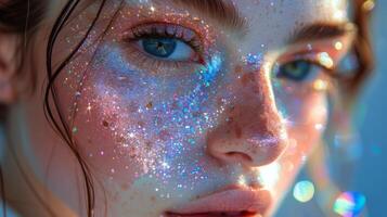 AI generated Woman With Blue Eyes and Glitter on Face photo