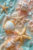 ai generado concepto de verano presentando un arenoso playa, conchas marinas, y estrella de mar foto