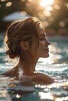 ai generado un mujer disfrutando un relajante hora en un nadando piscina a un spa recurso foto