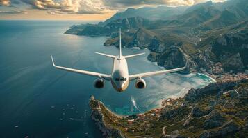 ai generado un avión es partiendo desde un aeropuerto, volador terminado maravilloso montañas y mar, exhibiendo el belleza de aire viaje foto