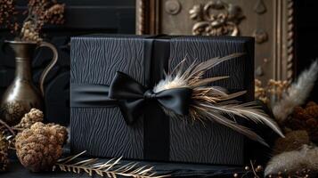 AI generated A black gift box set against a dark contrasting background, adorned with a textured bow and feathers photo