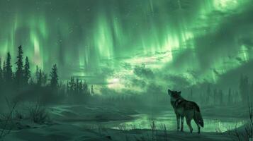 AI generated The northern lights illuminate a vast, snowy tundra in shades of green photo