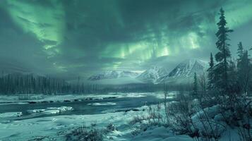 ai generado el del Norte luces iluminar un vasto, Nevado tundra en sombras de verde foto