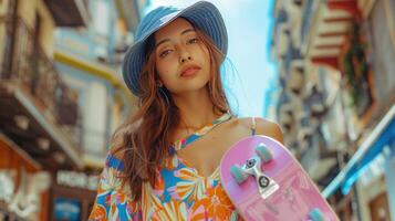 ai generado elegante anónimo joven mujer en un vistoso verano vestir y mezclilla Cubeta sombrero en pie en un ciudad calle en luz foto