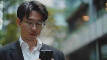 AI generated A businessman using a smartphone for global business activities, including internet connection photo