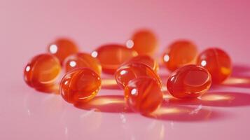 ai generado naranja vitamina pastillas arreglado en un suave rosado antecedentes en un bien iluminado estudio foto