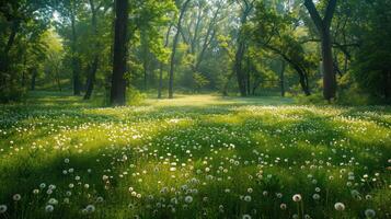 ai generado parque lleno con dientes de león, lozano verde césped, floreciente flores, y alto arboles foto