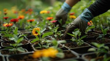 ai generado jardineros son plantando flores por mano en ollas lleno con suciedad o suelo foto