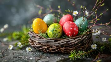 ai generado Pascua de Resurrección huevos arreglado en un cesta hecho de de madera tableros foto