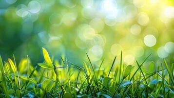 AI generated Fresh, green spring grass basking in sunlight, with a blurred sky in the background photo