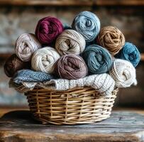 AI generated a basket filled with yarns in various colors photo