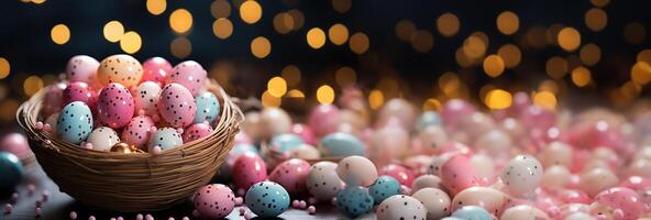 ai generado cesta lleno con de colores Pascua de Resurrección huevos, flor bombillas, y narcisos, creando un festivo foto